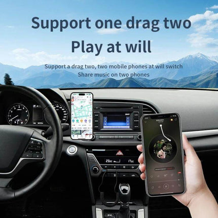 Car Bluetooth Receiver With USB Playback For In Car Audio shown connected in a car dashboard streaming music and navigation from two phones