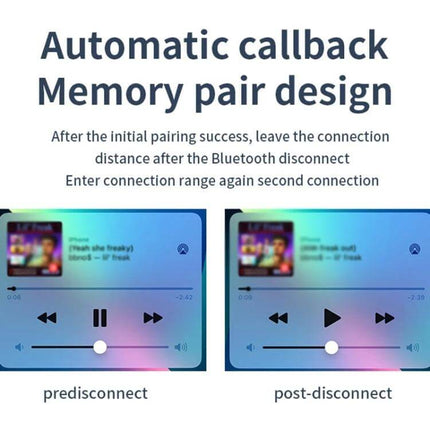 Car Bluetooth Receiver With USB Playback For In Car Audio showing automatic callback memory pair design with pre-disconnect and post-disconnect music control screens