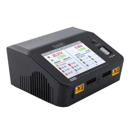 ToolkitRC Dual-Way Li-Po Battery Charger for Drone Models - compact dual-channel charger with color display and XT60 ports for fast RC battery charging