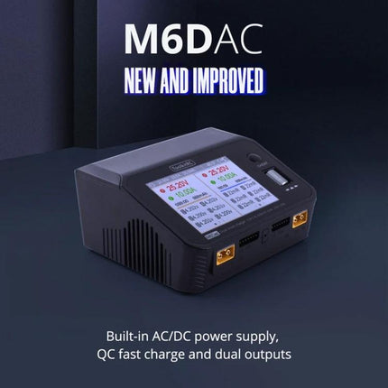 ToolkitRC Dual-Way Li-Po Battery Charger for Drone Models showing dual-channel M6DAC charger with color display and dual outputs