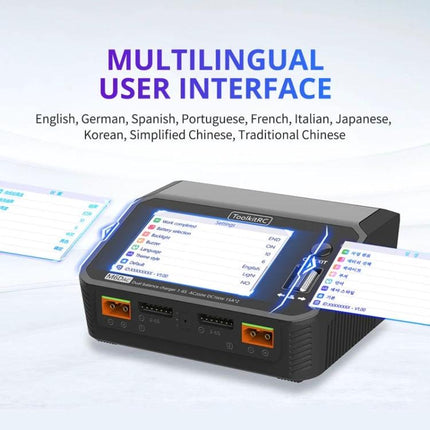 ToolkitRC Dual-Way Li-Po Battery Charger for Drone Models showing multilingual user interface and dual-channel charging display
