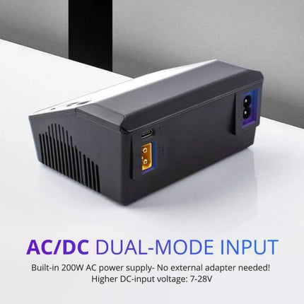 ToolkitRC Dual-Way Li-Po Battery Charger for Drone Models showing dual-channel ports and AC/DC dual-mode input
