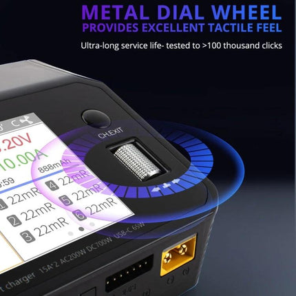ToolkitRC Dual-Way Li-Po Battery Charger for Drone Models showing metal dial wheel, display and dual-channel ports for fast simultaneous charging