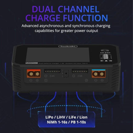 ToolkitRC Dual-Way Li-Po Battery Charger for Drone Models showing dual-channel ports and LCD for simultaneous charging