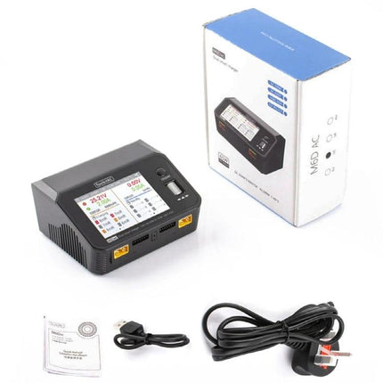 ToolkitRC Dual-Way Li-Po Battery Charger for Drone Models showing charger unit, power cable, USB cable and packaging
