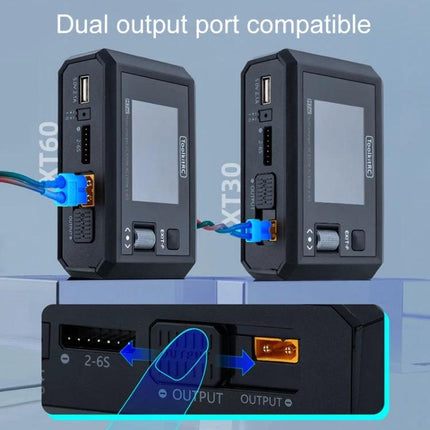 ToolkitRC Li-Po Battery Charger for RC Models and Vehicles showing dual output ports and AC/DC field charging compatibility