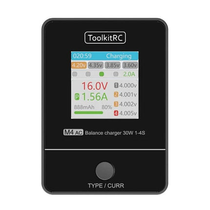 ToolkitRC Li-Po Battery Balance Charger for RC Airplanes and Cars compact M4 AC balance charger showing charging screen and status