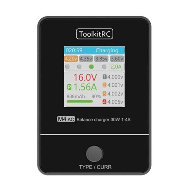 ToolkitRC Li-Po Battery Balance Charger for RC Airplanes and Cars compact M4 AC balance charger showing charging screen and status