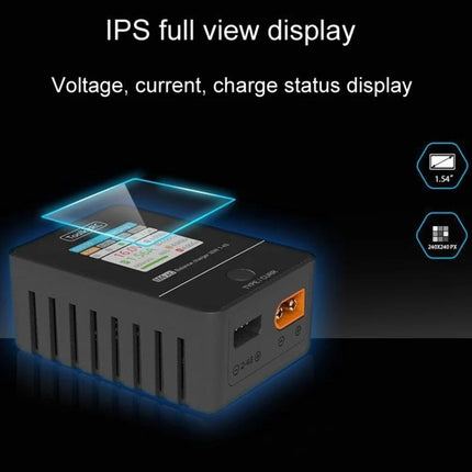 ToolkitRC Li-Po Battery Balance Charger for RC Airplanes and Cars compact black charger with IPS display showing voltage current charge status