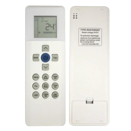 Carrier Compatible Air Conditioner Remote Control replacement remote front and back view, fits RG67N BGEF models