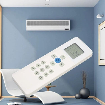 Carrier Compatible Air Conditioner Remote Control showing white replacement remote with LCD and wall-mounted AC unit in modern room