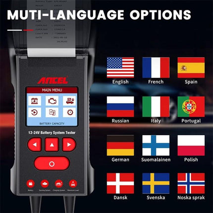 Use Ancel Battery Tester for Daily Vehicle Maintenance Checks - Ancel BST600 handheld 12V/24V battery tester with multi-language flag options