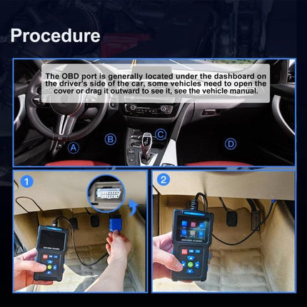 Essential Car Diagnostic Tool for Safe Daily Driving - hand plugging OBD reader into dashboard port, showing device screen and in-car procedure