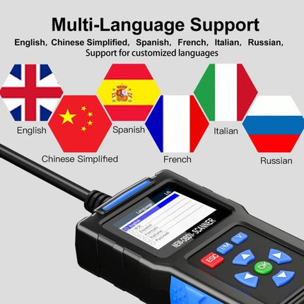 Essential Car Diagnostic Tool for Safe Daily Driving with multi-language support screen showing flags and handheld OBD2 scanner