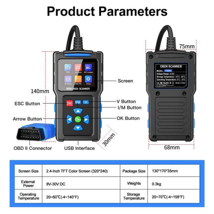 Essential Car Diagnostic Tool for Safe Daily Driving - handheld OBDII scanner with screen, buttons, USB and OBDII connector, product dimensions and specs