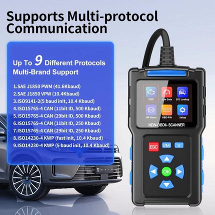 Essential Car Diagnostic Tool for Safe Daily Driving - handheld OBDII scanner showing multi-protocol support and car dashboard data