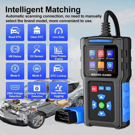 Essential Car Diagnostic Tool for Safe Daily Driving handheld OBDII scanner showing live data, read/clear DTC, O2 sensor, battery and voltage detection