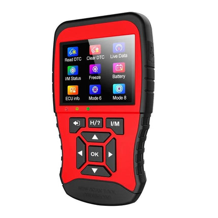 Essential Tool for Routine Car Maintenance at Home - red OBDII scanner with TFT display showing live data and buttons for reading and clearing DTCs