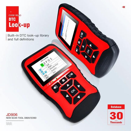 Essential Tool for Routine Car Maintenance at Home - red OBDII scanner with TFT display showing DTC look-up and waveform data