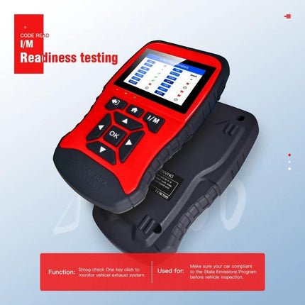 Essential Tool for Routine Car Maintenance at Home - red OBDII scanner with TFT display showing readiness testing and diagnostic codes