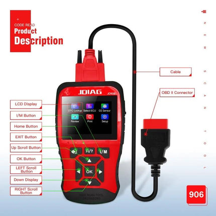 Essential Tool for Routine Car Maintenance at Home - red OBDII scanner with TFT display, cable and labeled buttons for at-home vehicle diagnostics