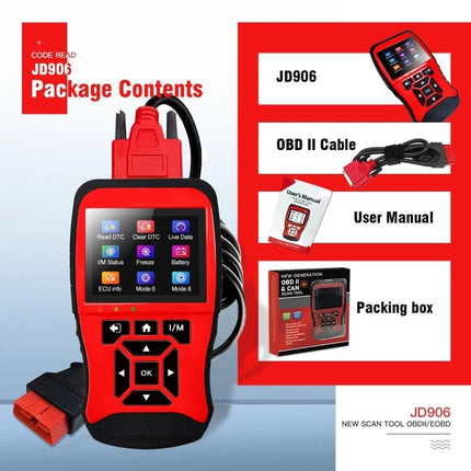 Essential Tool for Routine Car Maintenance at Home - red JD906 OBDII scanner with TFT display and OBD II cable, user manual, packing box