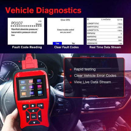 Essential Tool for Routine Car Maintenance at Home - handheld OBDII scanner showing fault code reading, clear DTC and live data stream on TFT display