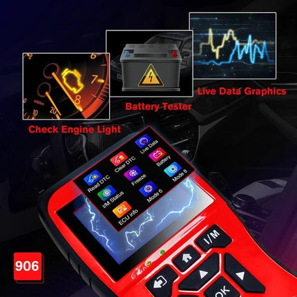 Essential Tool for Routine Car Maintenance at Home OBDII scanner showing TFT live data graphics, check engine, battery tester and waveform display