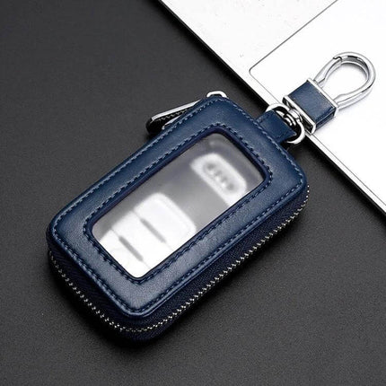 Car Remote Control Universal Visible Zipper Key Case Royal Blue with cowhide exterior, clear window, removable keychain and 360-degree swivel clip