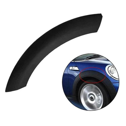 BMW Mini R55 Front Wheel Eyebrow Hood Fender for 2002-2008 — black plastic front wheel arch fender protector shown on blue Mini