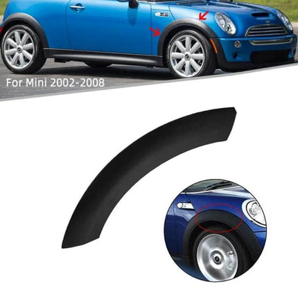 BMW Mini R55 Front Wheel Eyebrow Hood Fender for 2002-2008 black plastic front wheel arch protector installed on blue Mini