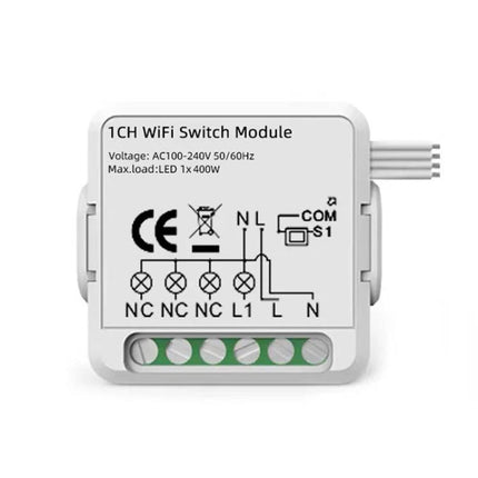 Smart Switch Module for WiFi and Zigbee Home Control compact white 1CH in-wall module with wiring diagram and terminal ports