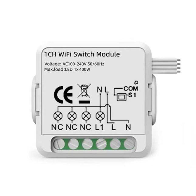 Smart Switch Module for WiFi and Zigbee Home Control compact white 1CH in-wall module with wiring diagram and terminal ports