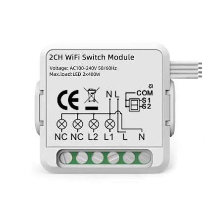 Smart Switch Module for WiFi and Zigbee Home Control compact 2-channel WiFi switch module showing wiring terminals and labeling