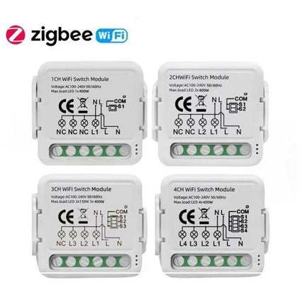 Smart Switch Module for WiFi and Zigbee Home Control compact white 1-4CH modules with terminal wiring diagrams compatible with Tuya app