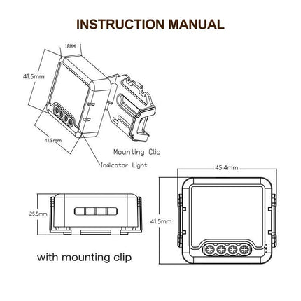 Smart Switch Module for WiFi and Zigbee Home Control instruction manual diagram with mounting clip and dimensions