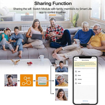 Smart Switch Module for WiFi and Zigbee Home Control sharing function showing family using Smart Life app to control lights remotely
