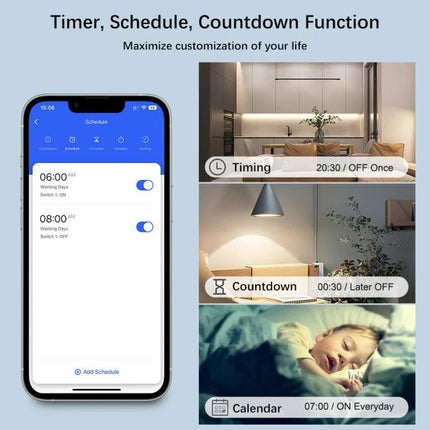 Smart Switch Module for WiFi and Zigbee Home Control showing app schedules: timing, countdown and calendar for lights and appliances