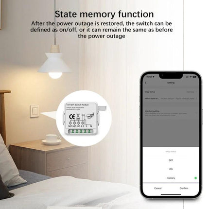 Smart Switch Module for WiFi and Zigbee Home Control installed behind wall switch with Tuya Smart Life app showing state memory settings