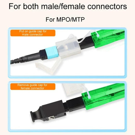 Handy Fiber Optic Cleaning Pen for MPO/MTP Endfaces and Modules showing guide cap use on male and female connectors
