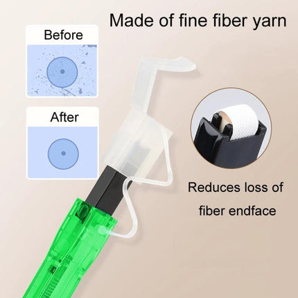 Handy Fiber Optic Cleaning Pen for MPO/MTP Endfaces and Modules — green pen with cap, fine fiber yarn tip, before-and-after endface cleaning demo