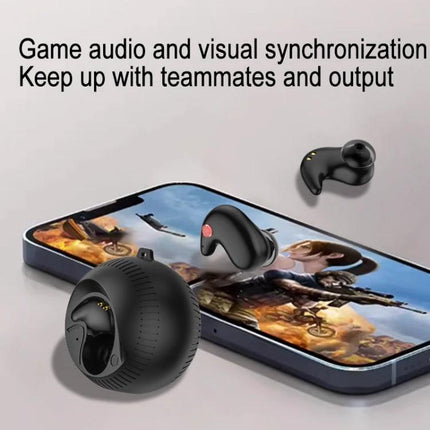 Coconut Ball In-Ear Bluetooth Earbuds With Charging Case shown with phone gaming scene, compact coconut ball case, Bluetooth 5.3