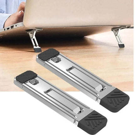 Light Gray Invisible Stand for Laptops and Tablets elevating laptop to reduce neck strain and improve airflow, compact travel-friendly design