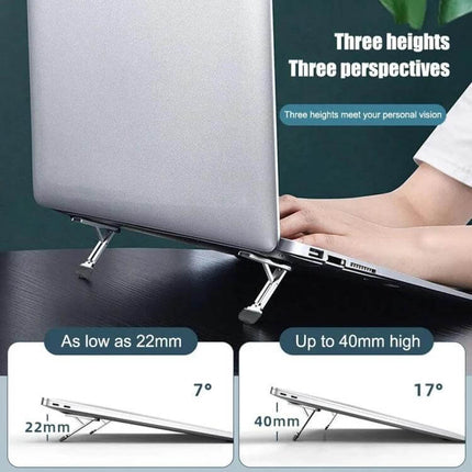 Light Gray Invisible Stand for Laptops and Tablets elevating laptop at adjustable 7°–17° angles, improves ergonomics and airflow, three heights (22mm–40mm)