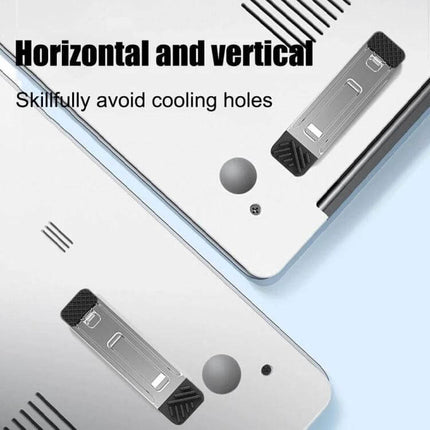 Light Gray Invisible Stand for Laptops and Tablets shown mounted on laptop bottom for horizontal and vertical use, improving airflow and ergonomics