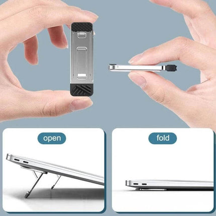 Light Gray Invisible Stand for Laptops and Tablets shown folded and open elevating a laptop for better viewing and airflow