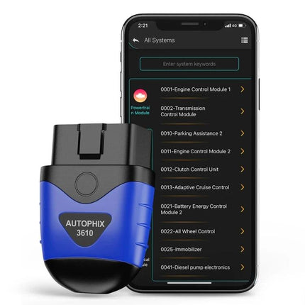 Autophix Scanner for Everyday Car Maintenance Checks at Home plugged into OBD2 with app showing system diagnostics