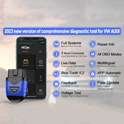 Autophix Scanner for Everyday Car Maintenance Checks at Home plugged into OBD2 with app showing diagnostics and features list