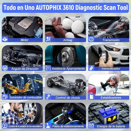 Autophix Scanner for Everyday Car Maintenance Checks at Home — OBD2 diagnostic tool showing engine, airbags, transmission, brakes, battery checks