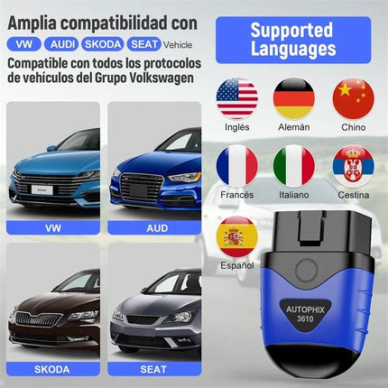 Autophix Scanner for Everyday Car Maintenance Checks at Home plugged into OBD2 port with VW Audi Skoda Seat compatibility and supported languages